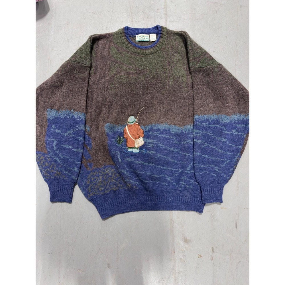 Cotton Traders North Winds Vintage Fisherman Wool Blend Sweater XL Blue Brown